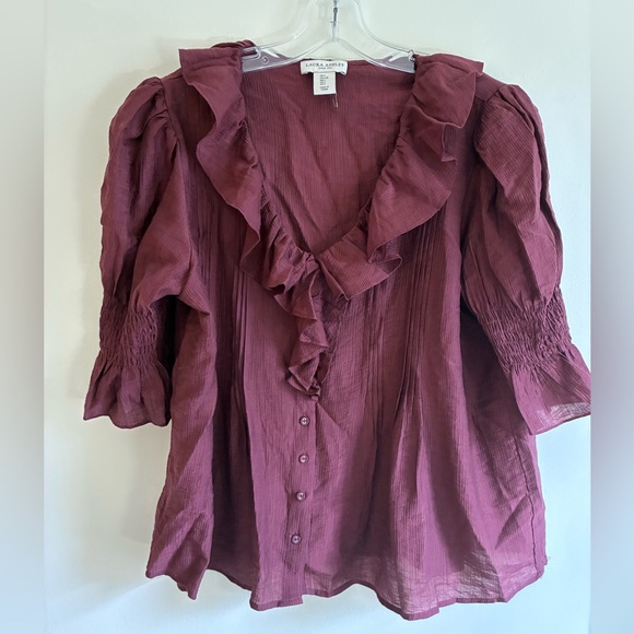 Laura Ashley Tops - Laura Ashley Burgundy Ruffle V-Neck Blouse